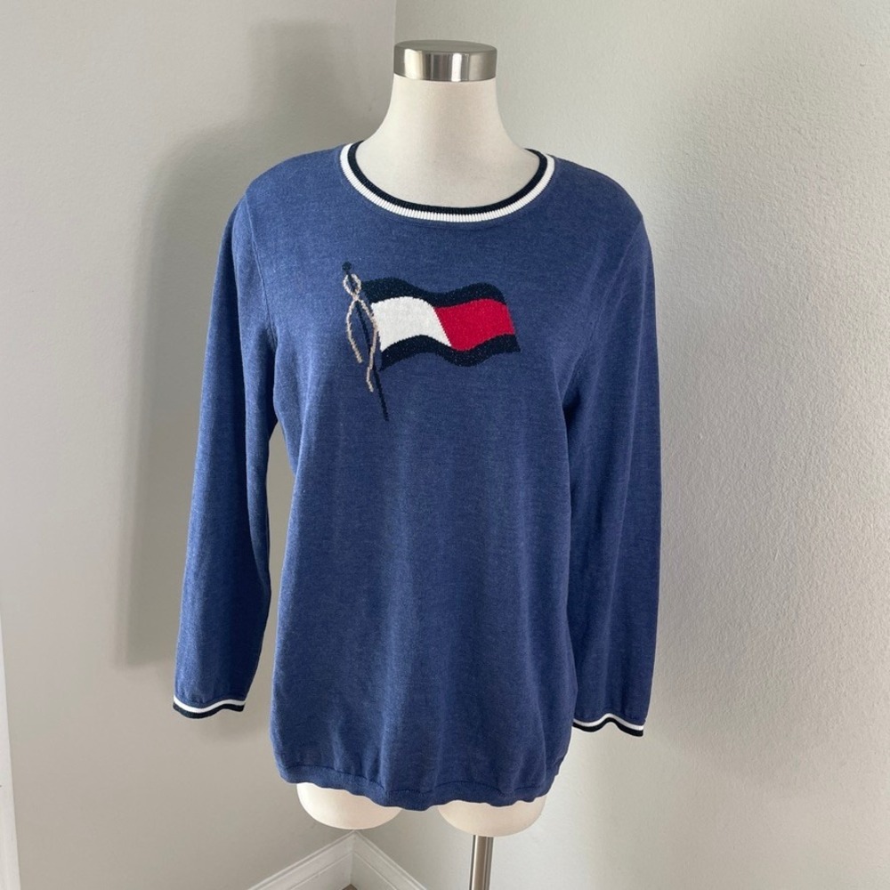 Tommy Hilfiger Womens XL Lucy Flag Lurex Cotton Sweater Blue Heather‎ Knit Top